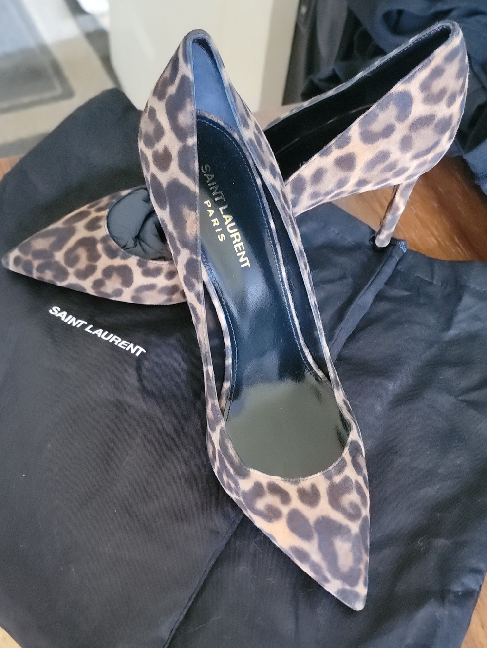 Saint Laurent PARIS Anja Leopard Suede Pointed Toe Pumps - Brown/Black